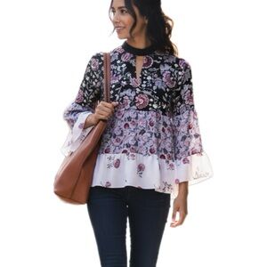 Ann Taylor LOFT Boho Floral Top Womens Small Mixed Print Long Sleeve Blouse